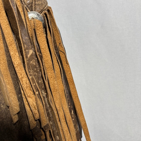 VTG Brown Leather Fringe Jacket Moto Crop Boho Western Rodeo Sz M Distressed SEE - Picture 7 of 9